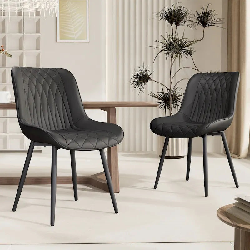 Leather Upholstered Dining Chairs with Diamond Stitching and Metal Legs, Set of 2
