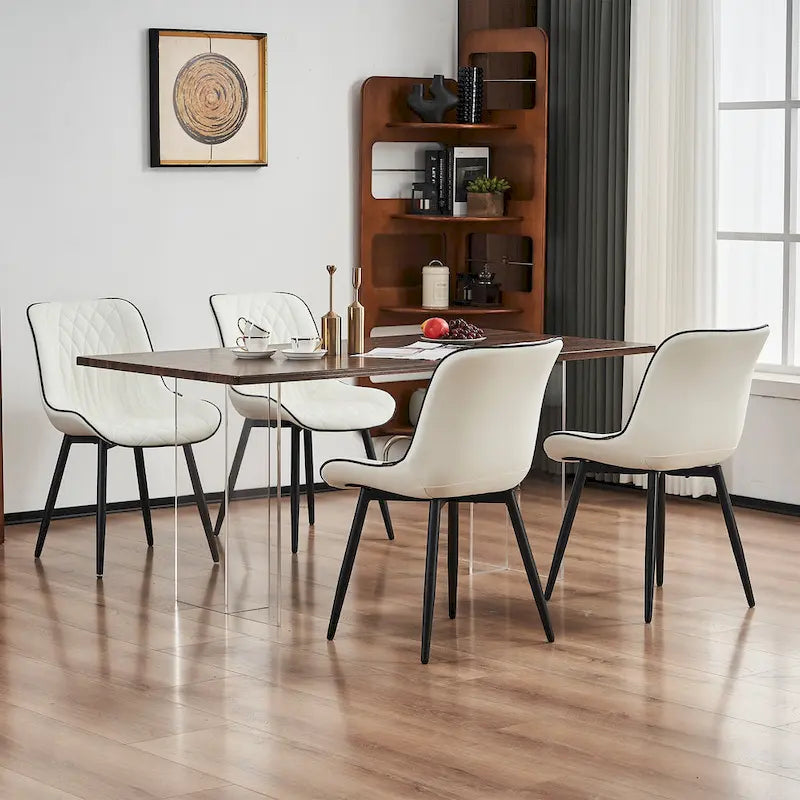 Leather Upholstered Dining Chairs with Diamond Stitching and Metal Legs, Set of 2