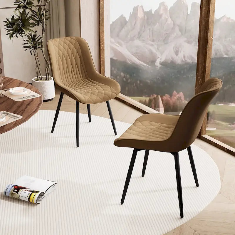 Leather Upholstered Dining Chairs with Diamond Stitching and Metal Legs, Set of 2