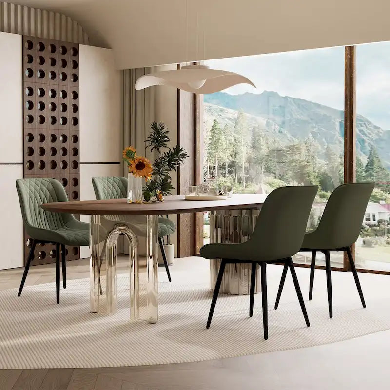 Leather Upholstered Dining Chairs with Diamond Stitching and Metal Legs, Set of 2