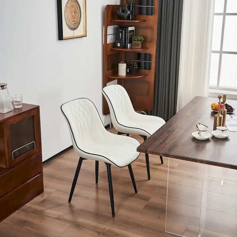 Leather Upholstered Dining Chairs with Diamond Stitching and Metal Legs, Set of 2
