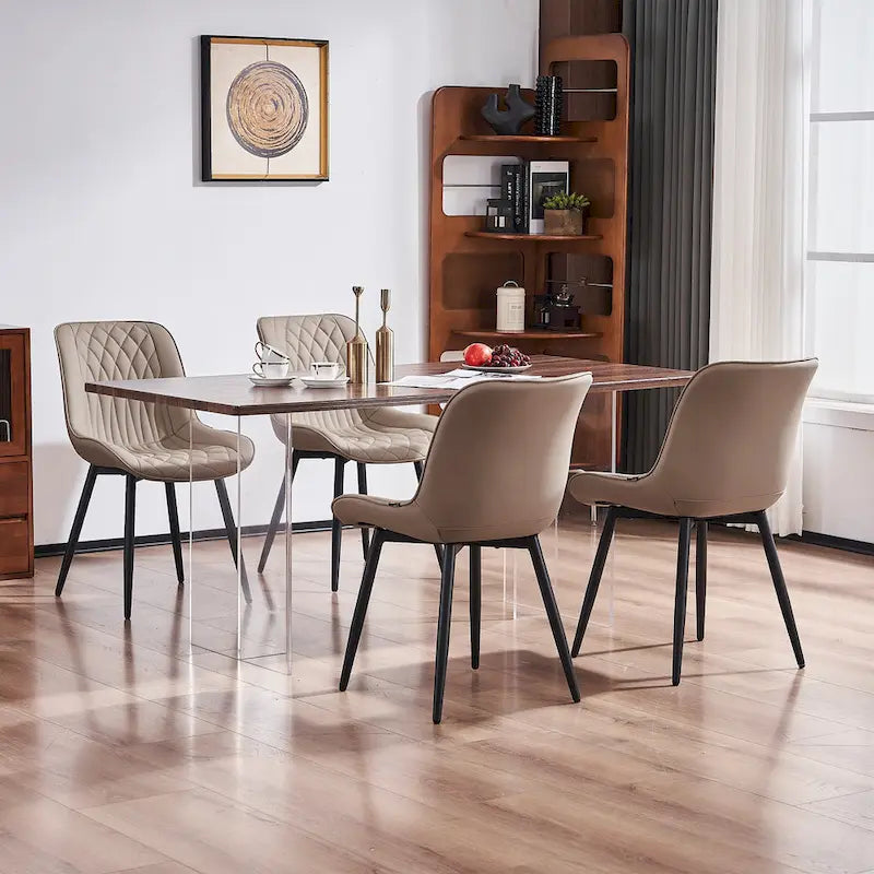 Leather Upholstered Dining Chairs with Diamond Stitching and Metal Legs, Set of 2