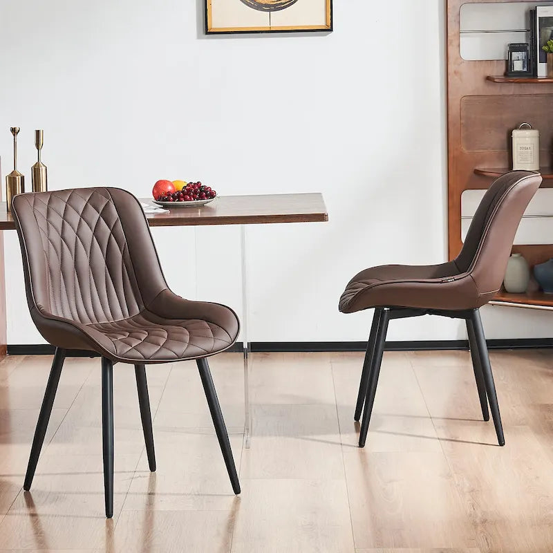 Leather Upholstered Dining Chairs with Diamond Stitching and Metal Legs, Set of 2