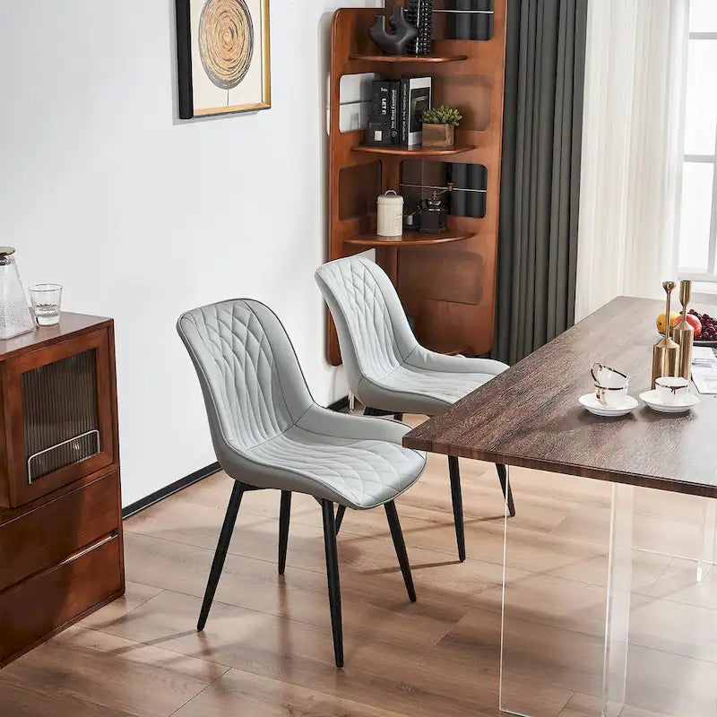 Leather Upholstered Dining Chairs with Diamond Stitching and Metal Legs, Set of 2
