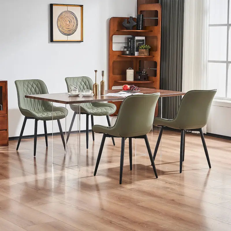 Leather Upholstered Dining Chairs with Diamond Stitching and Metal Legs, Set of 2