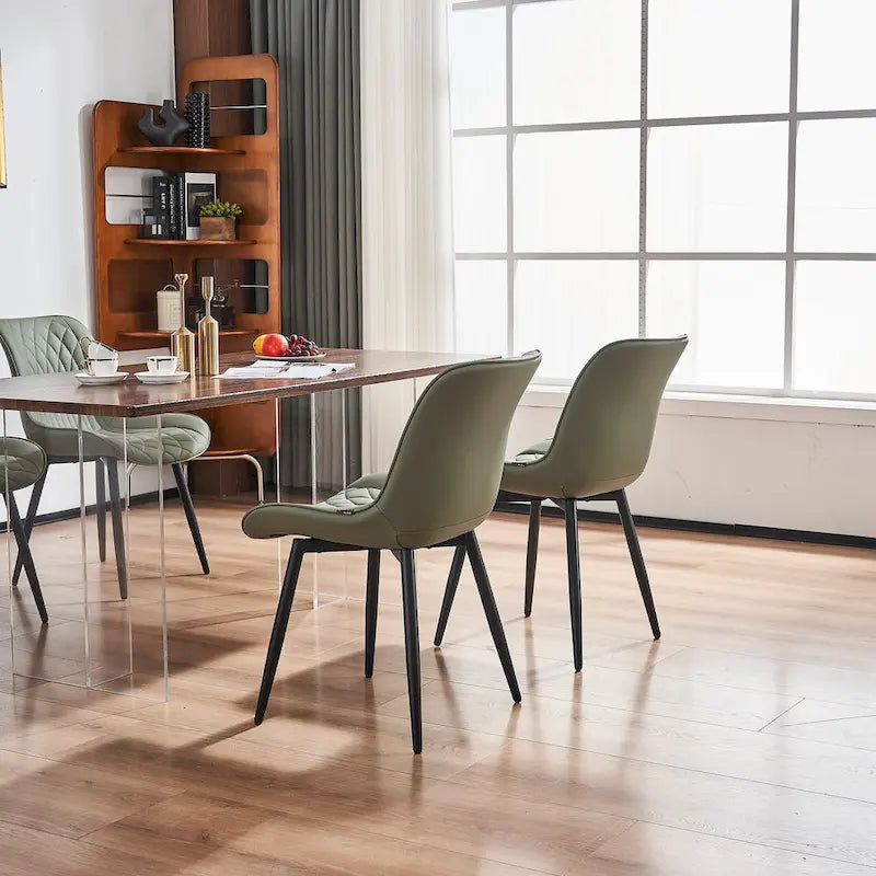 Leather Upholstered Dining Chairs with Diamond Stitching and Metal Legs, Set of 2