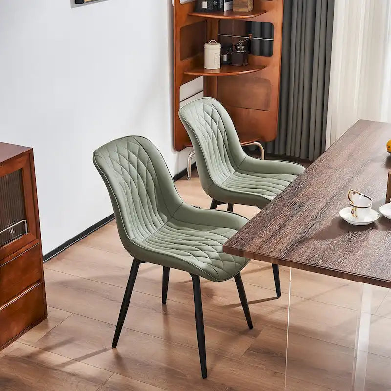 Leather Upholstered Dining Chairs with Diamond Stitching and Metal Legs, Set of 2