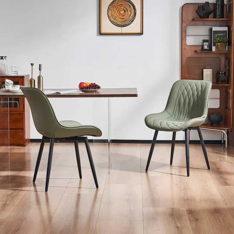 Leather Upholstered Dining Chairs with Diamond Stitching and Metal Legs, Set of 2