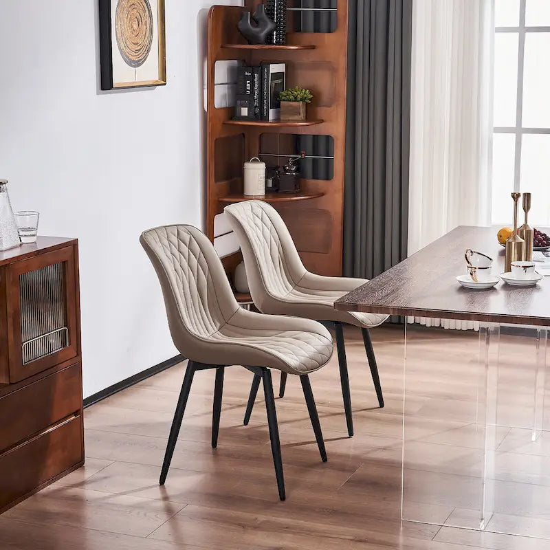 Leather Upholstered Dining Chairs with Diamond Stitching and Metal Legs, Set of 2
