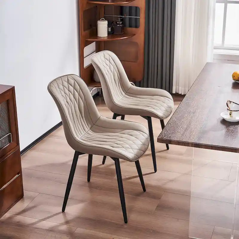 Leather Upholstered Dining Chairs with Diamond Stitching and Metal Legs, Set of 2