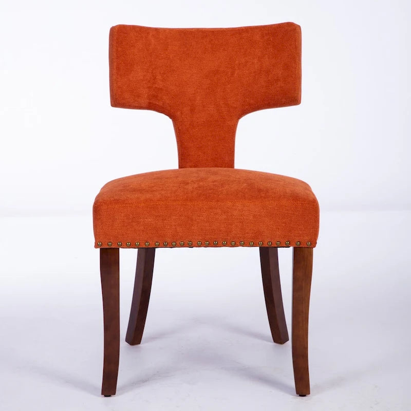 Linen Upholstered Dining Chairs with Curved Backrest, Copper Nail Trim and Wood Legs, Set of 2