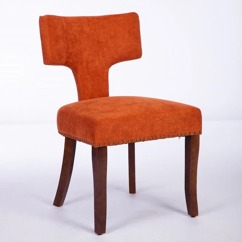 Linen Upholstered Dining Chairs with Curved Backrest, Copper Nail Trim and Wood Legs, Set of 2