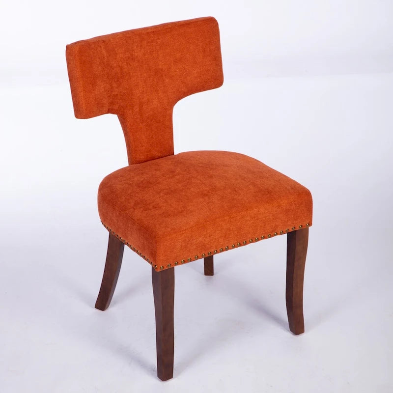 Linen Upholstered Dining Chairs with Curved Backrest, Copper Nail Trim and Wood Legs, Set of 2