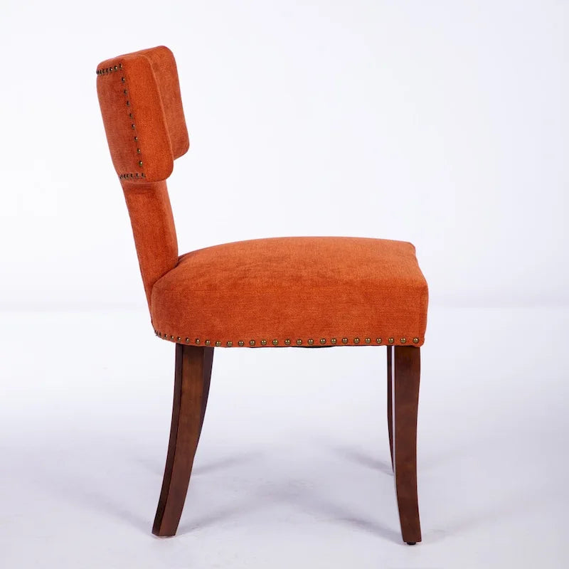 Linen Upholstered Dining Chairs with Curved Backrest, Copper Nail Trim and Wood Legs, Set of 2