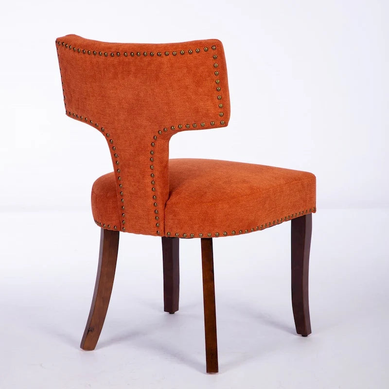 Linen Upholstered Dining Chairs with Curved Backrest, Copper Nail Trim and Wood Legs, Set of 2