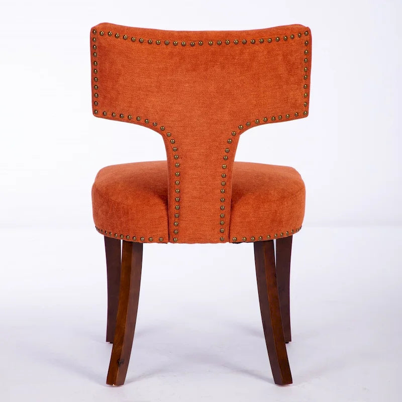 Linen Upholstered Dining Chairs with Curved Backrest, Copper Nail Trim and Wood Legs, Set of 2