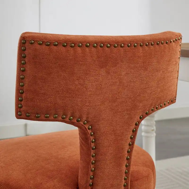 Linen Upholstered Dining Chairs with Curved Backrest, Copper Nail Trim and Wood Legs, Set of 2