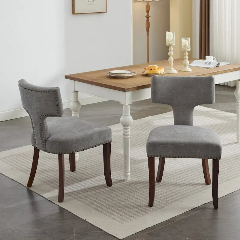 Linen Upholstered Dining Chairs with Curved Backrest, Copper Nail Trim and Wood Legs, Set of 2