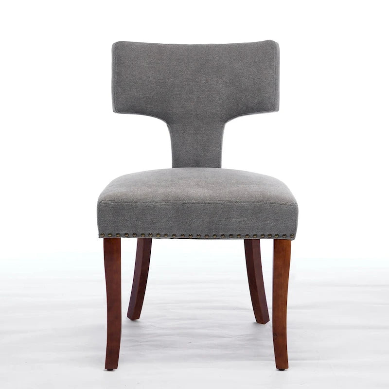 Linen Upholstered Dining Chairs with Curved Backrest, Copper Nail Trim and Wood Legs, Set of 2