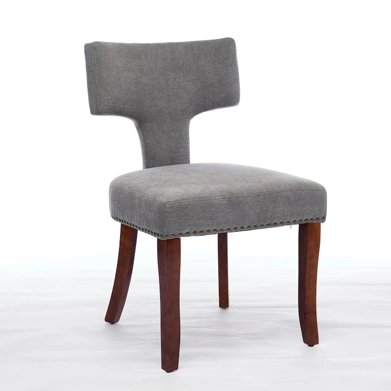 Linen Upholstered Dining Chairs with Curved Backrest, Copper Nail Trim and Wood Legs, Set of 2