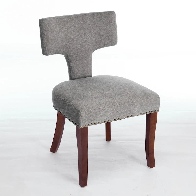 Linen Upholstered Dining Chairs with Curved Backrest, Copper Nail Trim and Wood Legs, Set of 2