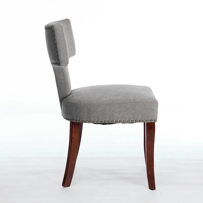 Linen Upholstered Dining Chairs with Curved Backrest, Copper Nail Trim and Wood Legs, Set of 2