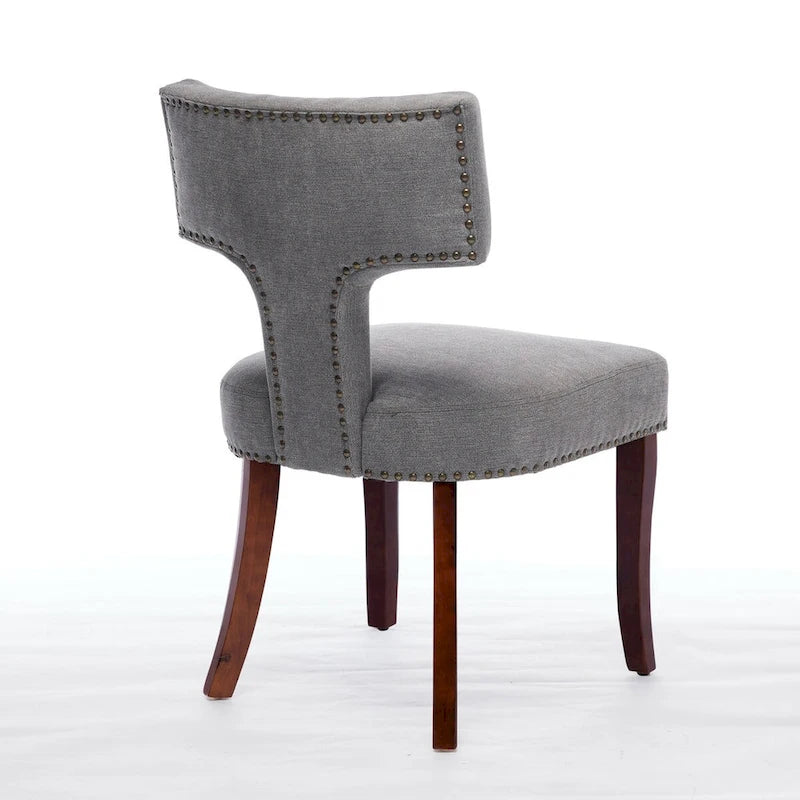 Linen Upholstered Dining Chairs with Curved Backrest, Copper Nail Trim and Wood Legs, Set of 2