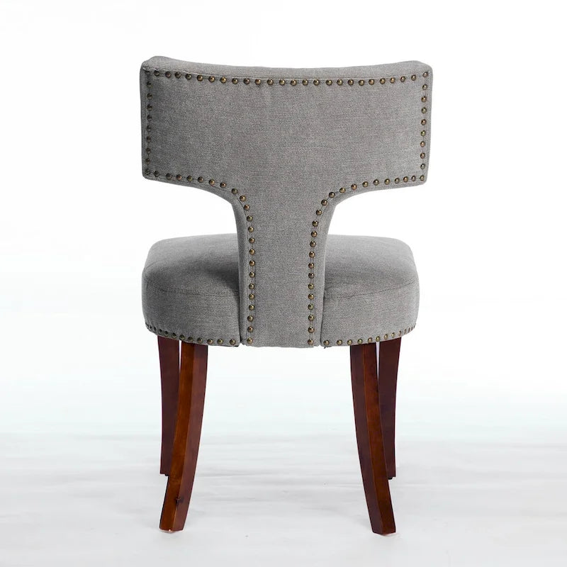Linen Upholstered Dining Chairs with Curved Backrest, Copper Nail Trim and Wood Legs, Set of 2
