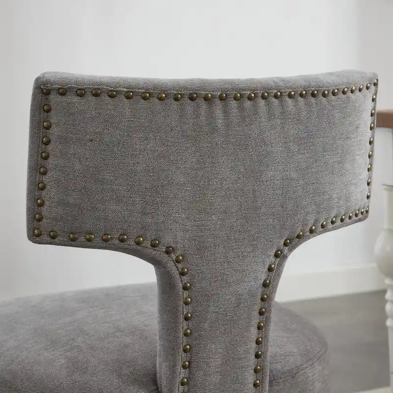 Linen Upholstered Dining Chairs with Curved Backrest, Copper Nail Trim and Wood Legs, Set of 2