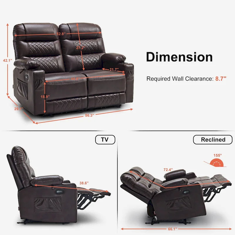 Electric Power Reclining Loveseat with Heat, Vibration Massage, USB Ports and Cup Holders