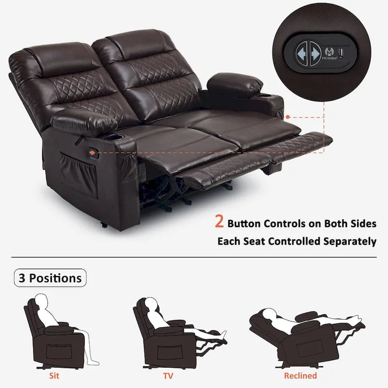 Electric Power Reclining Loveseat with Heat, Vibration Massage, USB Ports and Cup Holders