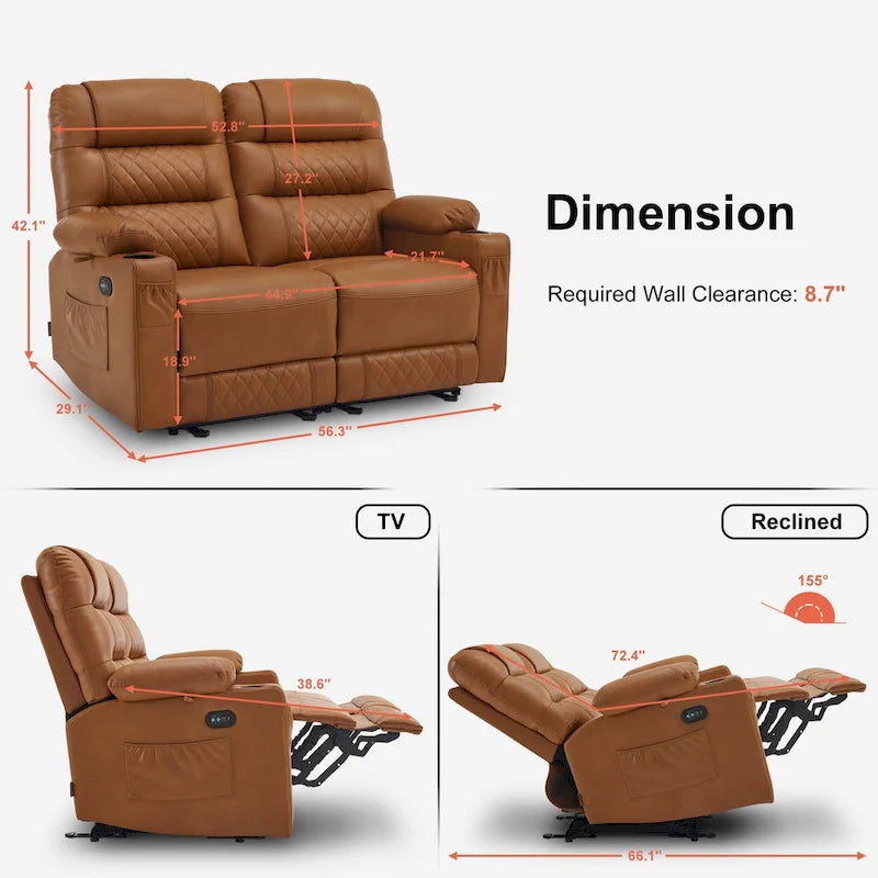 Electric Power Reclining Loveseat with Heat, Vibration Massage, USB Ports and Cup Holders