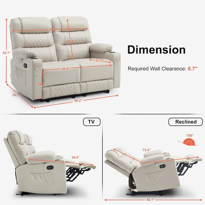 Electric Power Reclining Loveseat with Heat, Vibration Massage, USB Ports and Cup Holders