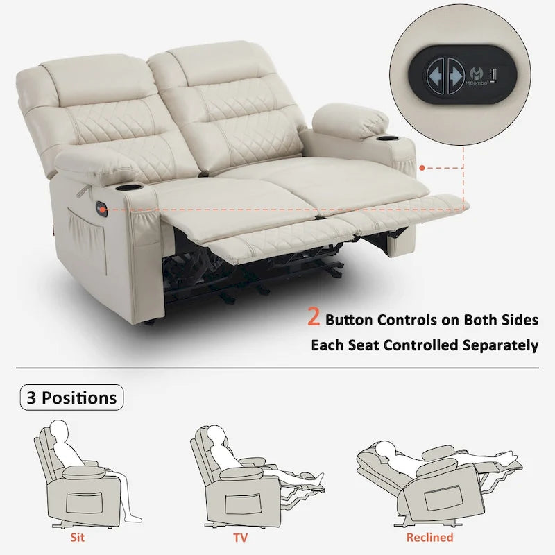 Electric Power Reclining Loveseat with Heat, Vibration Massage, USB Ports and Cup Holders