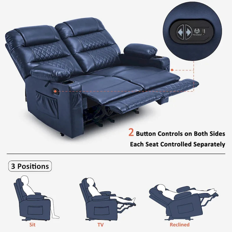Electric Power Reclining Loveseat with Heat, Vibration Massage, USB Ports and Cup Holders