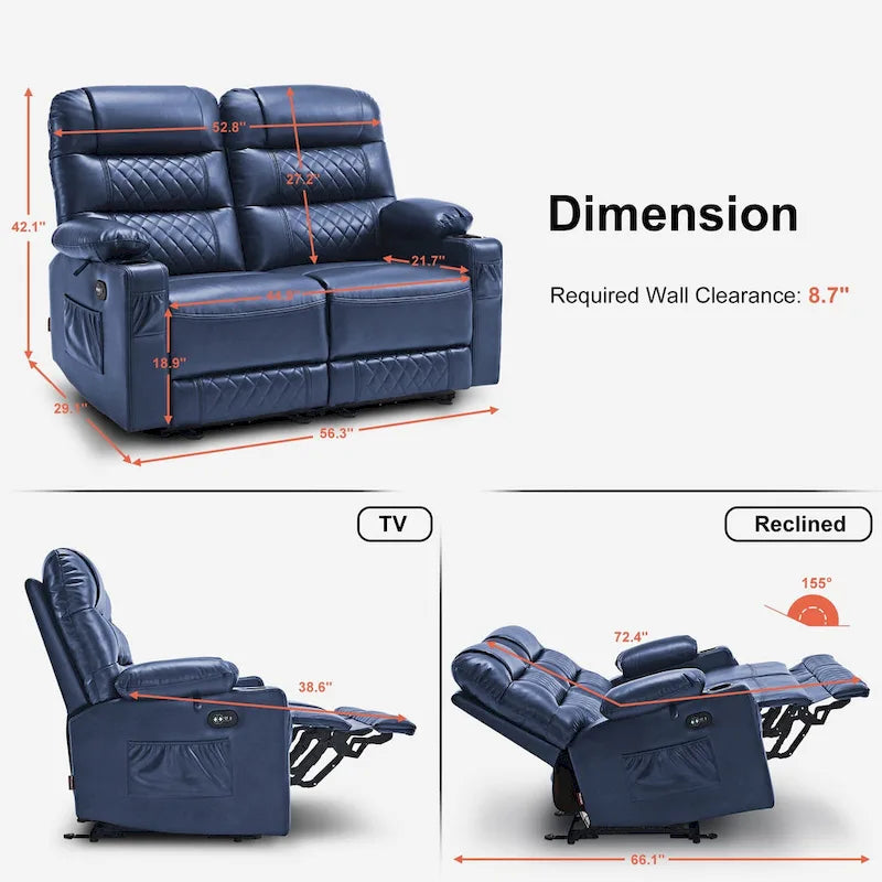 Electric Power Reclining Loveseat with Heat, Vibration Massage, USB Ports and Cup Holders