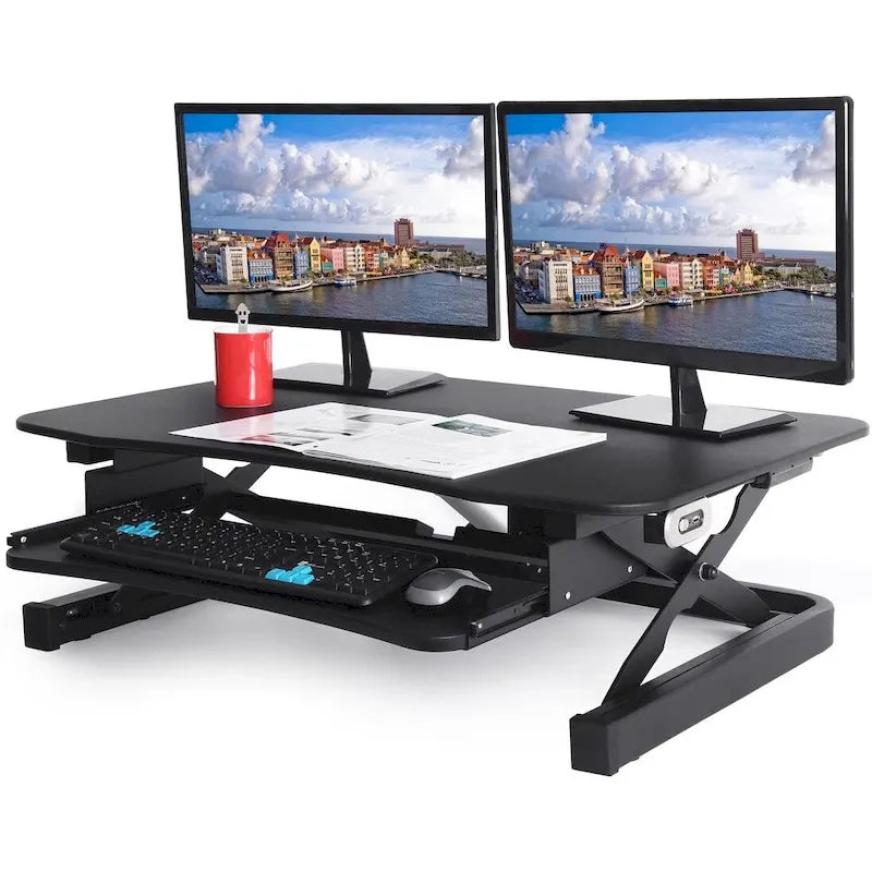 Electric Height Adjustable Sit to Stand Desk Riser with Dual Monitor Support