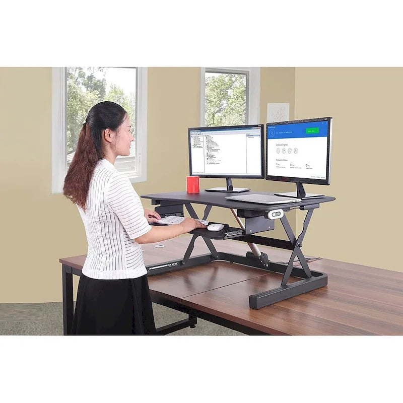 Electric Height Adjustable Sit to Stand Desk Riser with Dual Monitor Support