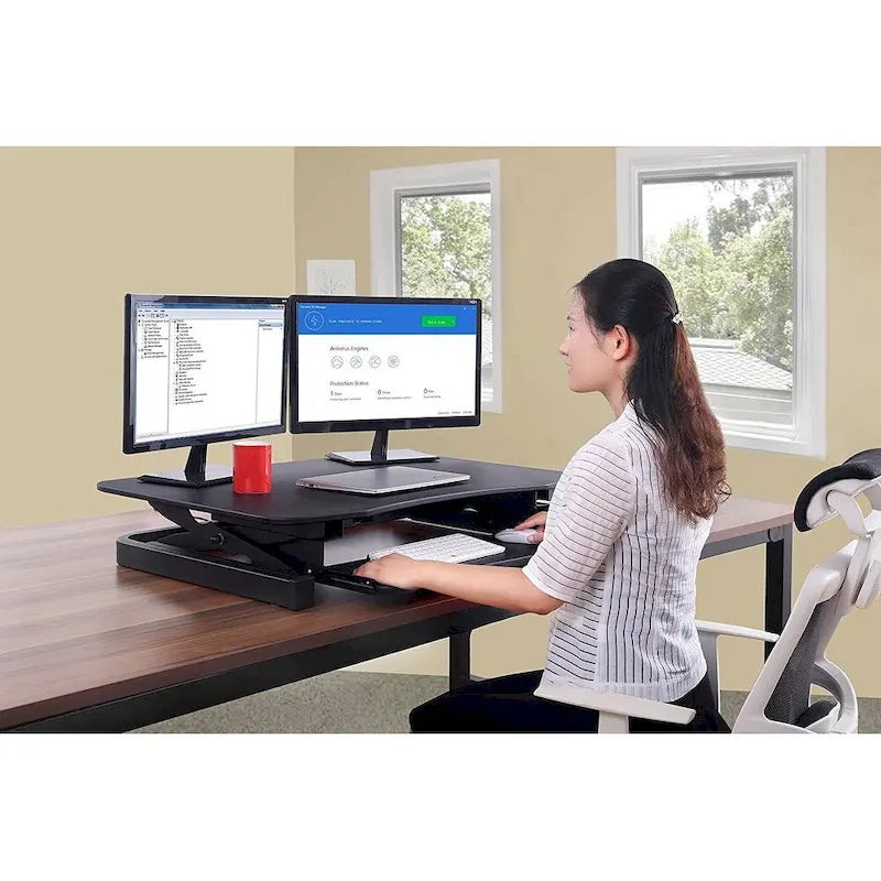 Electric Height Adjustable Sit to Stand Desk Riser with Dual Monitor Support