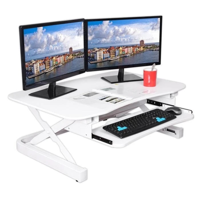 Electric Height Adjustable Sit to Stand Desk Riser with Dual Monitor Support