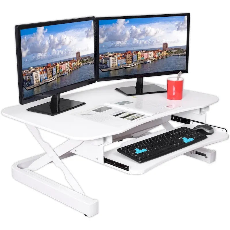 Electric Height Adjustable Sit to Stand Desk Riser with Dual Monitor Support