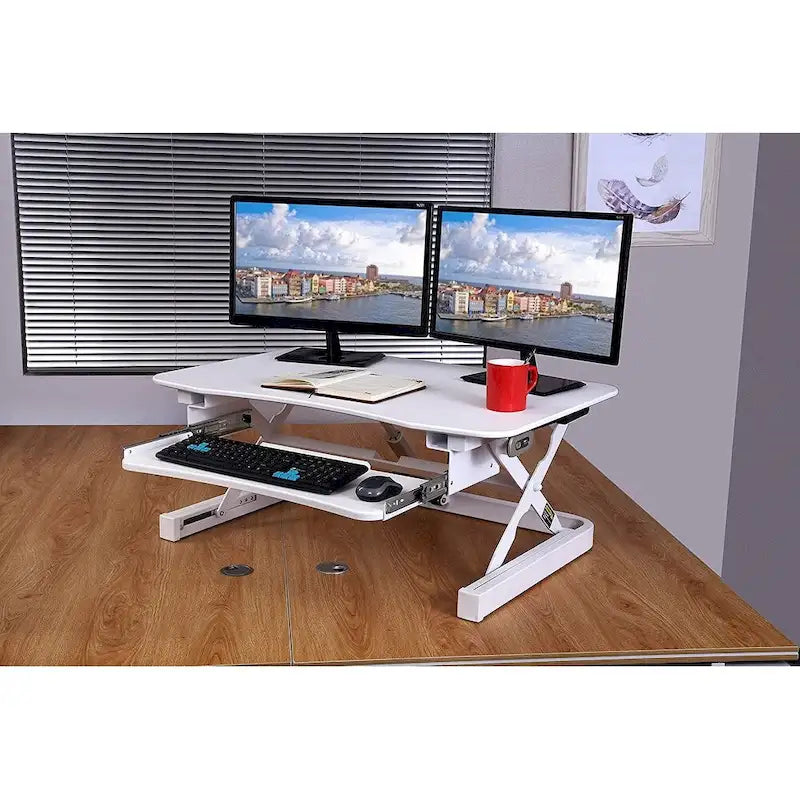 Electric Height Adjustable Sit to Stand Desk Riser with Dual Monitor Support
