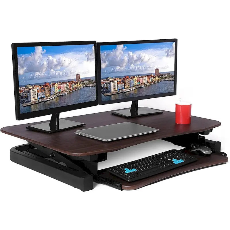 Electric Height Adjustable Sit to Stand Desk Riser with Dual Monitor Support
