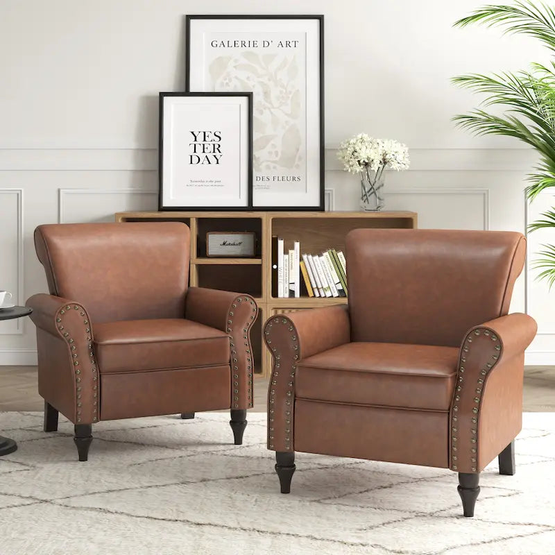 Faux Leather Accent Chairs with Rolled Arms and Nail Head Trim, Set of 2