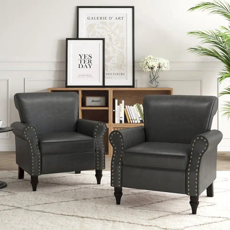 Faux Leather Accent Chairs with Rolled Arms and Nail Head Trim, Set of 2