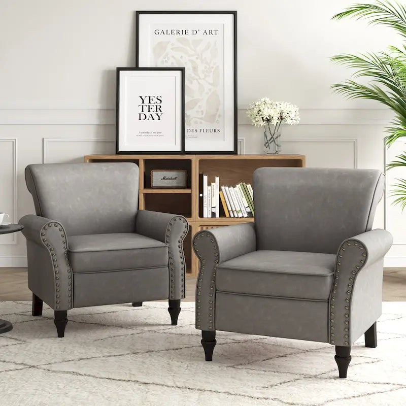 Faux Leather Accent Chairs with Rolled Arms and Nail Head Trim, Set of 2