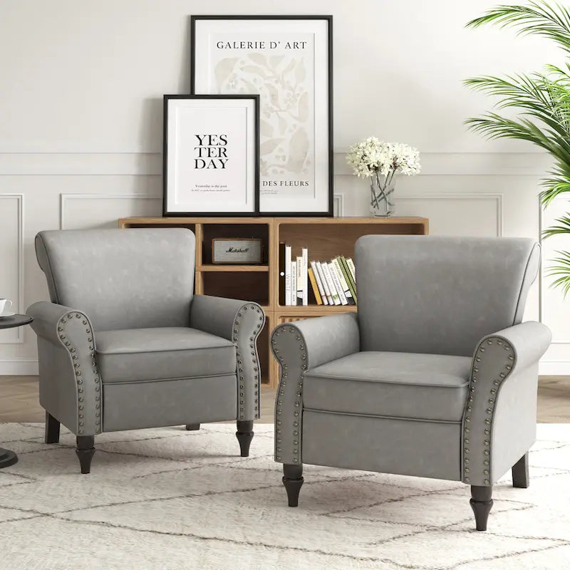 Faux Leather Accent Chairs with Rolled Arms and Nail Head Trim, Set of 2