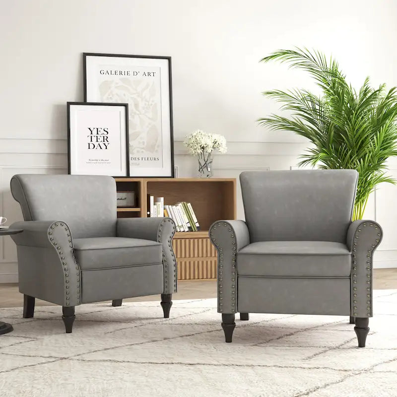 Faux Leather Accent Chairs with Rolled Arms and Nail Head Trim, Set of 2
