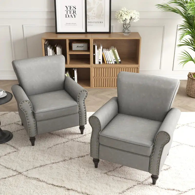 Faux Leather Accent Chairs with Rolled Arms and Nail Head Trim, Set of 2