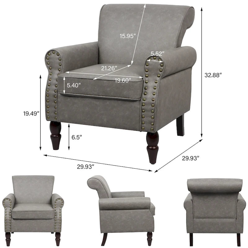 Faux Leather Accent Chairs with Rolled Arms and Nail Head Trim, Set of 2